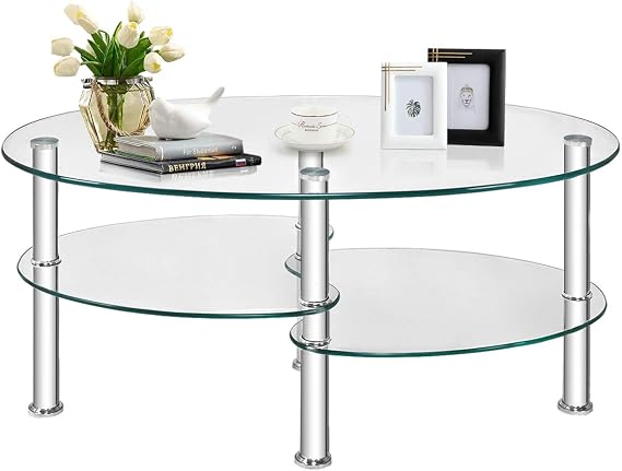 Multigot Tempered Glass Coffee Table, 3-Tier Cocktail Center Table with Open Shelf and Heavy-duty Steel Frame, Oval Snack Tea Sofa Side End Table for Living Room Office (Transparent)