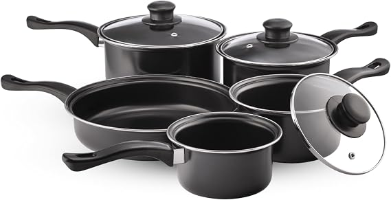 Value Plus Pendeford Cookware Set | Non-Stick Carbon Steel Pans, Tempered Glass Heat Resistant Lids | Easy Clean, Lightweight, Dishwasher Safe | For All Hobs Except Induction, Multi-Colour