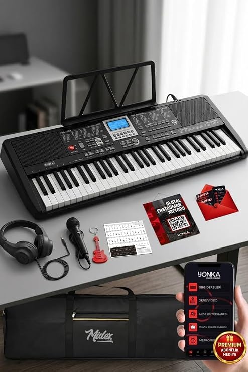 Midex PS-1800BK-H 61 Tuşlu Kaliteli Org Dijital Ekranlı Kulaklık Çanta Notalık Adaptör Sticker Öğrenim Metodu