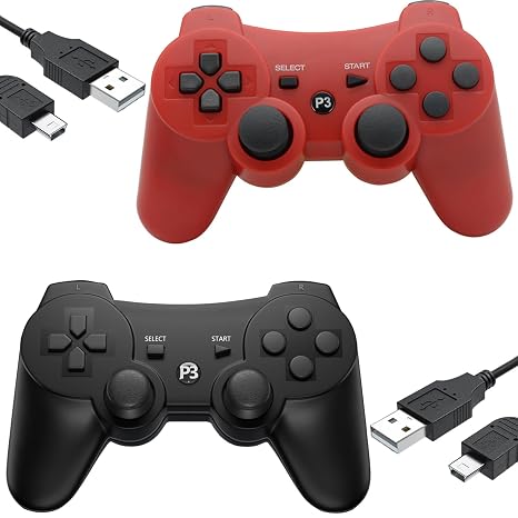 Eagolloar Wireless Controller 2 Pack for PS3, Dual Analog Bluetooth Rechargeable Game Controller for PS3 with Charging Cable,Dual Vibration- Red and Black