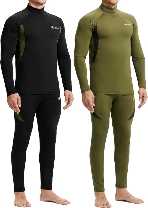 romision Mens Thermal Underwear Set Long Johns Fleece Lined Base Layer | Moisture wicking, quick dry & 4-way stretch lightweight top & bottom for skiing daily wear