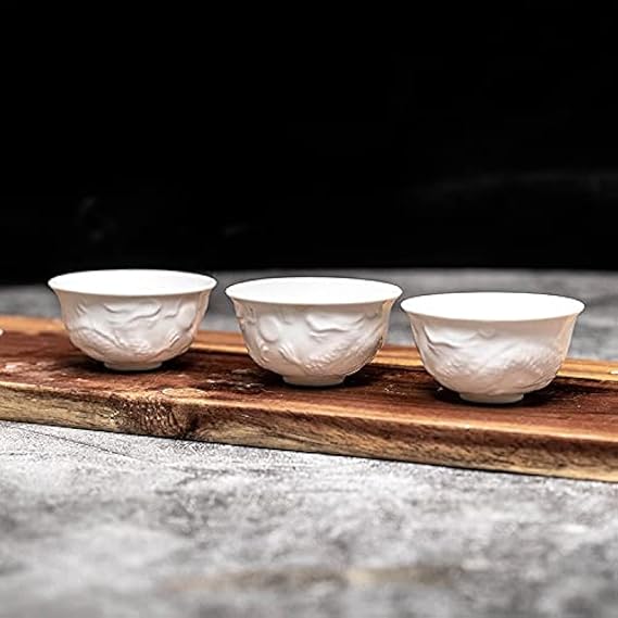 Handmake Ceramic Mini Kungfu Tea Cups, Chinese Embossed Dragon Style White Porcelain Tiny Teacups,Tea Bowl Cup set of 6