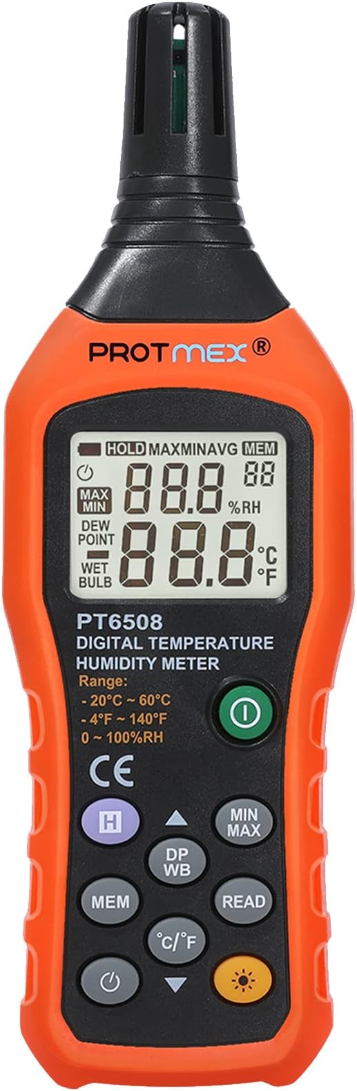 Protmex PT6508 Temperature Humidity Meter, Digital Thermometer Hygrometer Monitor with Ambient, Dew Point, Wet Bulb for Indoor/Outdoor MIN, MAX, Data Hold, LCD Backlight