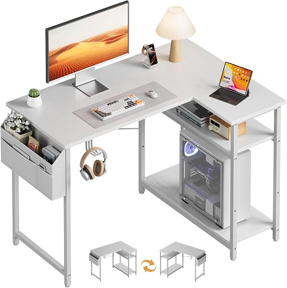 HLDIRECT 43 Inch Reversible Corner Desk, Small L-Shaped Gaming Desk with Storage Shelves, Computer Table for Bedroom, Living Room or Work Area (White)