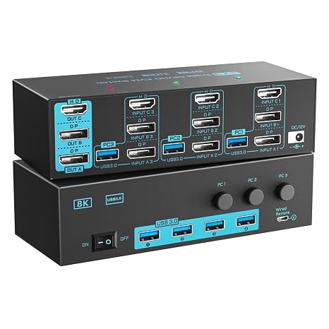 8K/4K KVM Switch 3 Monitors 3 Computers Triple Monitor 3 Port 2 Displayport 1.4 and HDMI 2.1 USB 3.0 KVM Switches, DP 1.4 Supports 8K@30Hz/4K@144Hz, HDMI Supports 8K@60Hz /4K@120Hz with Wired Remote