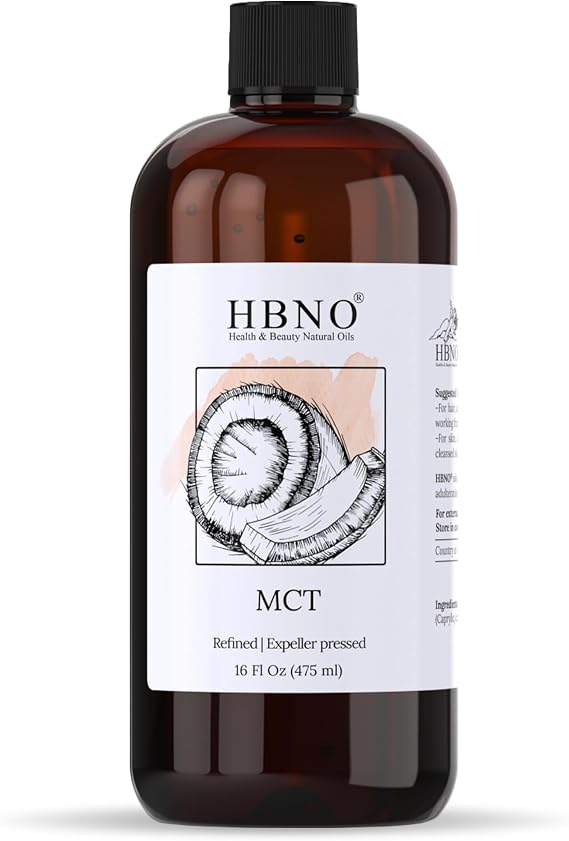 HBNO California Bottled Coconut Mct Oil 16 fl oz (475ml) Value Size - Natural Mct Oil, Cold Pressed - Perfect Carrier for Massage, Aromatherapy - Ideal for Face, Body, Lips, Hair