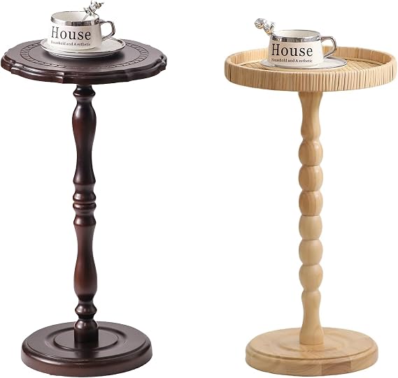 Solid Wood Round Side Table,Small Side Table,Rattan Round Drink Tables for Small Spaces, Boho Circle Accent Table Coffee Table with Solid Wood Leg for Living Room, Pe