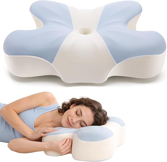 Dual Height Memory Foam Cooling Pillow for Pain Relief (Blue and White)