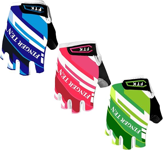FINGER TEN Kids Junior Cycling Gloves Outdoor Sport Road Mountain Bike, Fit Boy Girl Youth Age 2-11, Gel Padding Bicycle Half Finger Pair