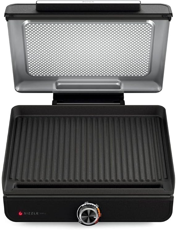 Ninja Sizzle GR100 Smokeless Indoor Grill, 500F High Heat Kitchen Grill with Nonstick 14-Inch Plate, Low-Smoke Technology, Edge-to-Edge Heating, Family-Sized Capacity, Countertop Cooking Tool