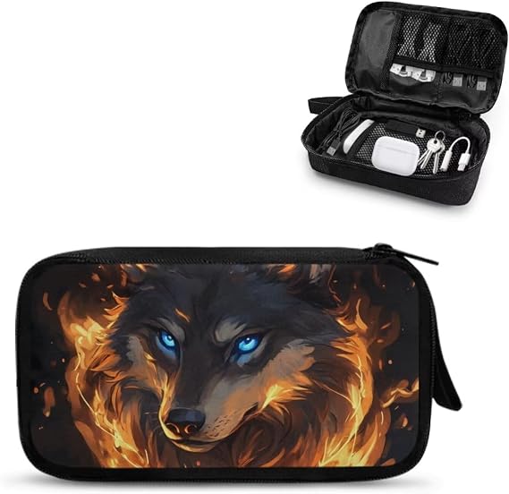 Flame Blue Eyes Wolf Print Electronic Organizer Travel Case for Men Cable Organizer Pouch Tech Organizer as Accessories Small Cable Organizer Bag for Essentials
