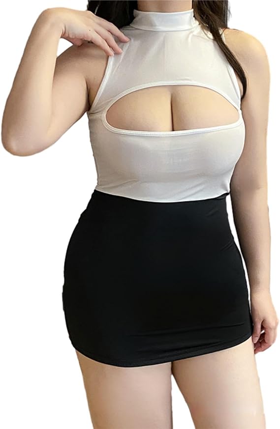 GRAYDREAM Sexy Nightgown,secretary Outfit, Sexy Breast-exposed Hottie, Hollow Tight, Ultra-short Butt-covering Skirt