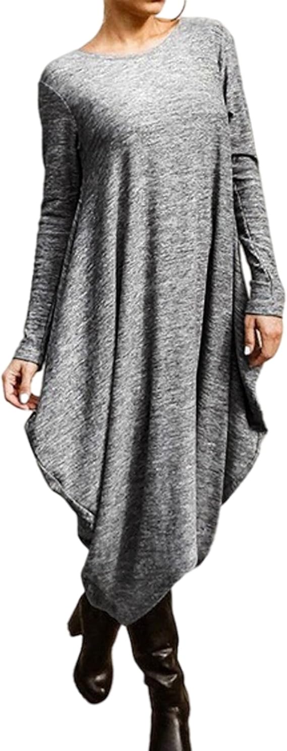 UOOZEE Women Casual Loose Long Sleeves Dress Solid Color Round Neck Irregular Hem Midi Dresses Gray