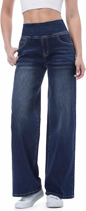 Pull on Wide Leg Jeans for Women, High Waisted Stretchy Baggy Trendy Tummy Control Straight Leg Jeans Denim Pants