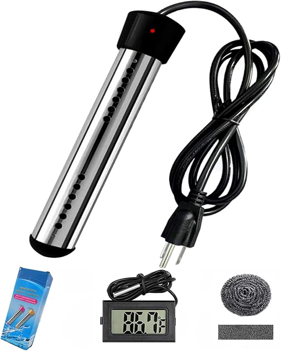 HASTER Portable Pool Immersion water Heater for Inflatable Pool Bathtub,Bucket Heater with 304 SS Guard,Electric Submersible Water Heater with LCD Thermometer,Heat 5 Gallon Water in Minutes In&Out