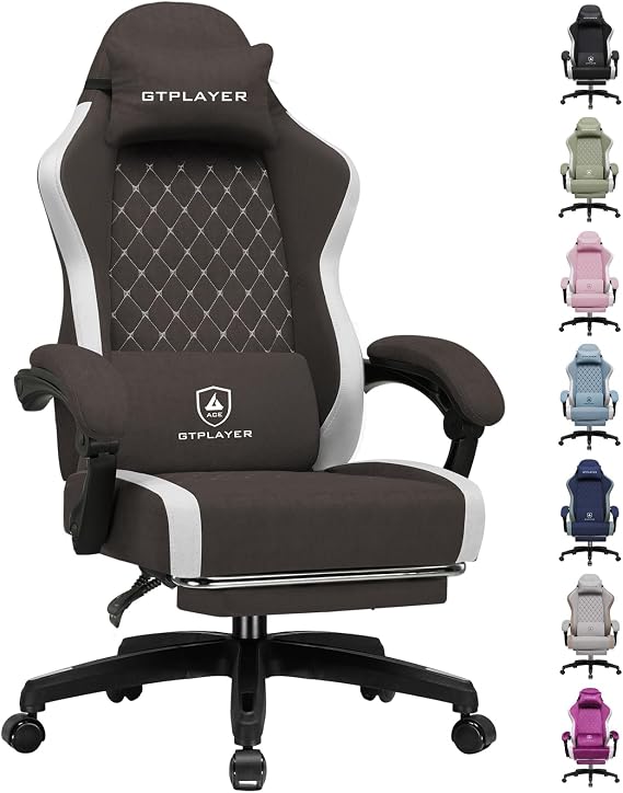 GTPLAYER Fabric Gaming Chair with Footrest, Ergonomic Computer Desk Chair with Pocket Spring Cushion Home Office High Back Support Lumbar Support Heavy Duty Wide