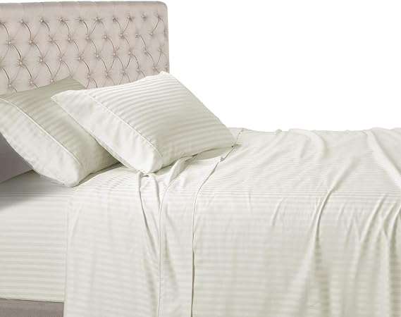 Royal Hotel King Sheets Set, 600 Thread Count Cotton Stripe Sateen, Ivory