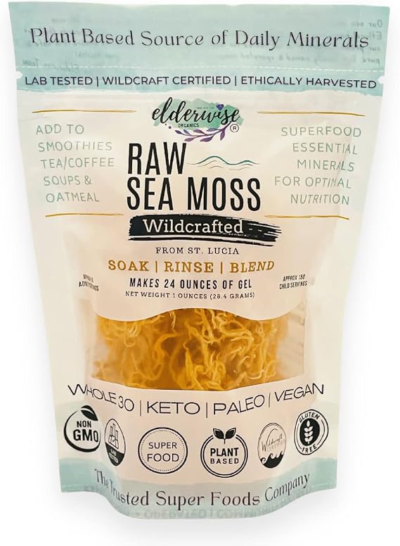 Elderwise Golden Sea Moss, Raw Wildcrafted Gracilaria, Makes 24oz Gel | Sun-Dried Sea Moss with no chemicals used or Flavors; a Simple Mineral & Vitamin Rich Choice for home kitchens