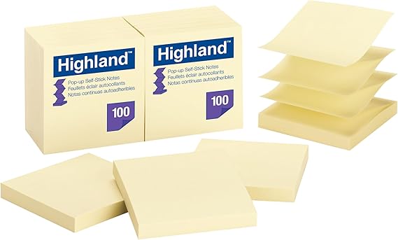 Highland Pop-up Sticky Notes, 3 x 3 Inches, Yellow, 12 Pack (6549-PUY)