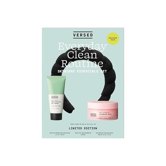 Versed Everyday Clean Routine Travel Essentials 3-Piece Skincare Set - Dew Point Gel Cream (2 fl oz), Good Hair Day Black Headband & Day Dissolve Cleansing Balm (2.3 oz) - Non-Toxic + Vegan