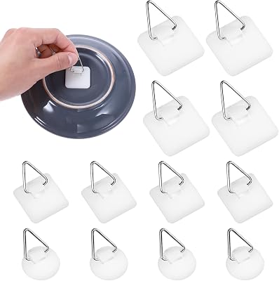 Grevosea 12 Pcs Wall Plate Hangers, Adhesive Picture Hangers Frame Hangers Without Nails Picture Hanging Hooks Plate Holders for Displaying Decorative Plates and Wall Art Round, Square