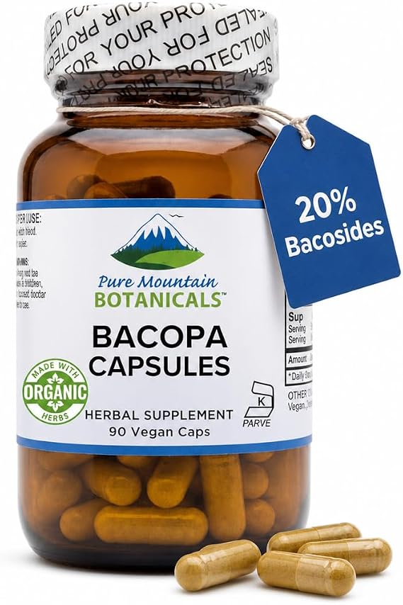 Pure Mountain Botanicals Bacopa Monnieri Capsules - 90 Count - Organic Bacopa and Potent Extract - 20% Bacosides - Vegan Brahmi Supplement