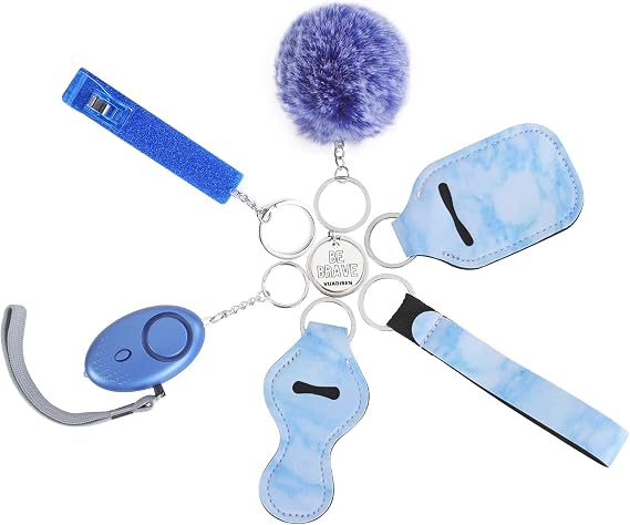 Key Chain Set for Girls with Personal Alarm, Chapstick Holder,Airpod Pro Holder, Pom Pom, Motivation Charm (Blue)