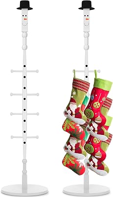 Shellwei 60 Inch Christmas Wooden Freestanding Stocking Holder with Santa Claus Snowman Hat and Hanger Stickers Xmas Stocking Stand with 8 Removable Hooks Floor Holiday DecorSnowman