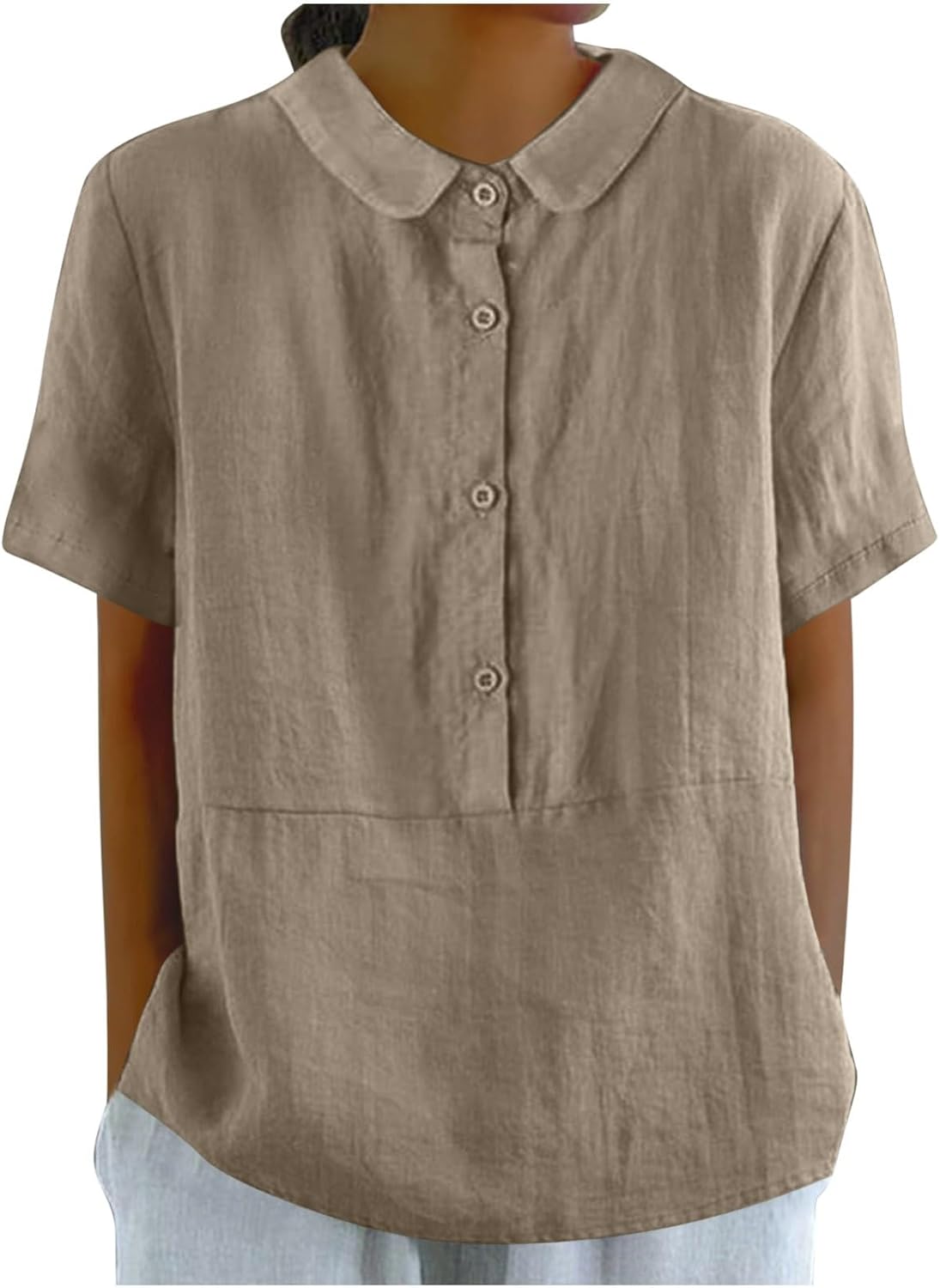 Linen Tunic Tops for Women Solid Color Tees Women Short Sleeve Button Down Up Shirt Casual Collared V Neck Tops Short