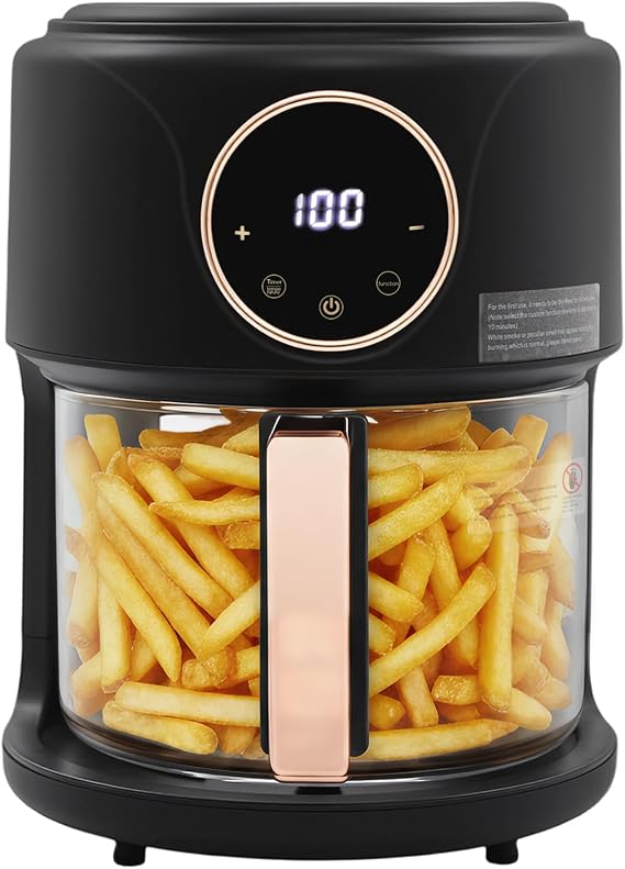 4.44QT Glass Air Fryer, 8 Presets Compact Air Fryer Clear View, 1200W 176F-392F Mini Airfryer for Quick Meals, Touch Controls, Nonstick and Dishwasher Safe Basket(Black)