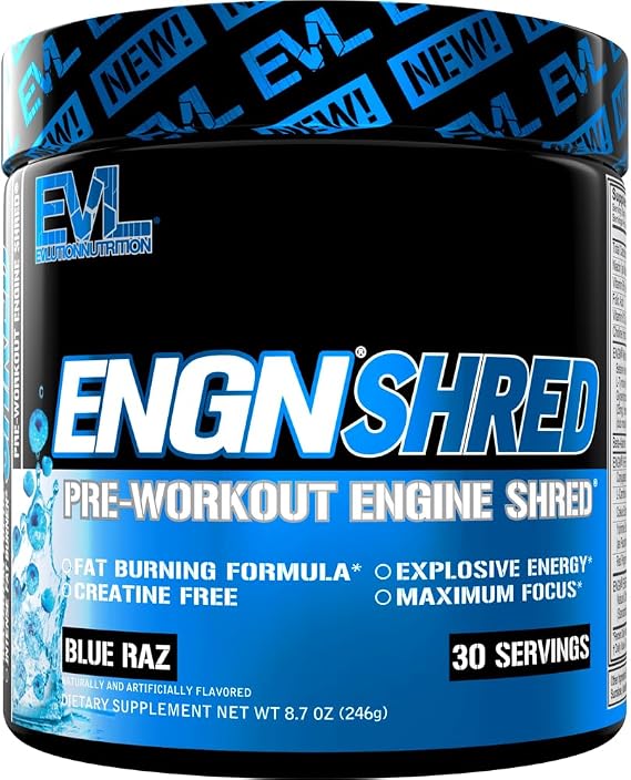 EVL ENGN Shred Thermogenic Pre Workout Powder Drink Mix - Blue Raz | Creatine-Free Pre-Workout Formula Supports Energy, Focus, Stamina And Thermogenic Performance - Blue Raz