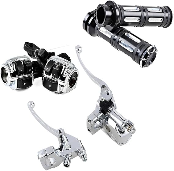CHROME Motorcycle 1" Handlebar Switches Control Horn On/Off Kit + 1 inch Brake Clutch Levers & Handlebar Hand Grips Compatible with Harley