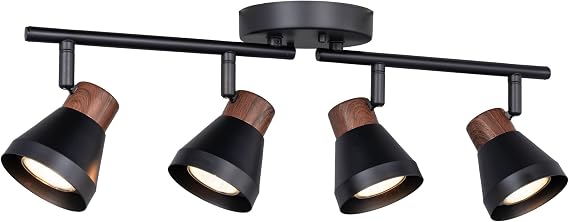 4 Light Modern Track Lighting Kit Black and Faux Wood Finish, Flexibly Adjustable Arm with Multi-Directional Ceiling Spotlight for Kitchen, Bedroom, Living Room,Ding Room Gu10 Not Included