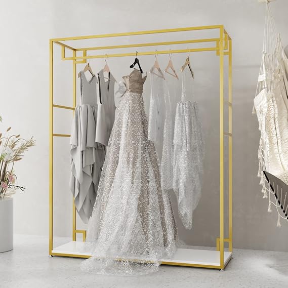 HOMEKAYT Gold Clothing Racks with Shelves, Weeding Dress Retail Clothes Rack,Freestanding Rack, Shoes Bags Clothes Organizer Garment Rack (59" L)