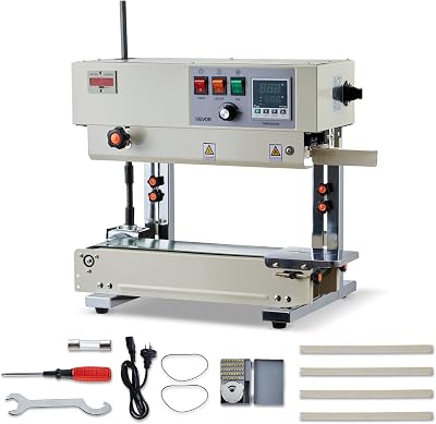 VEVOR Continuous Bag Band Sealing Machine, 0.24-0.47 in Seal Width, Vertical Band Sealer Machine with Roller Printing, Temp & Speed Adjustable, Heat Sealing Machine for 0.001-0.03 in Plastic Bags
