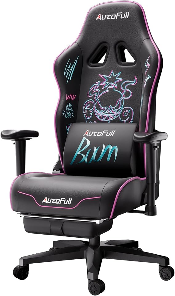 AutoFull C3 Gaming Chair, Ergonomic Wingless Cushion Computer Chair,PU Leather Racing Style Office Chair with Lumbar Support Pillow and Footrest,Purple