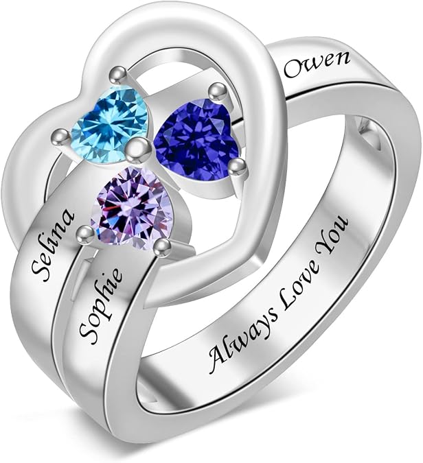 Sterling Silver Personalized Mothers Ring with 1/2/3/4/5/6/7/8 SimulHear Birthstone Ring Custom Family Name Ring Mothers Day Gift for Women Mom