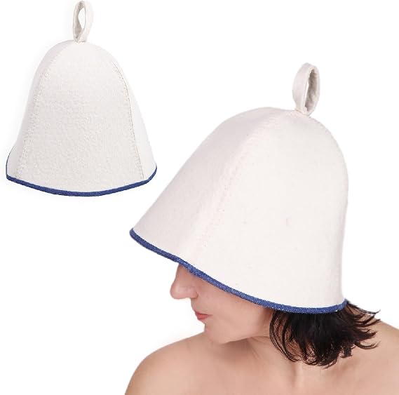 PetriStor Sauna Hat Comfort - Sauna Hat for Women - Wool Sauna Hat - Sauna Hat for Men - Bathhouse hat - Natural Felt Sauna Cap (White with Blue)