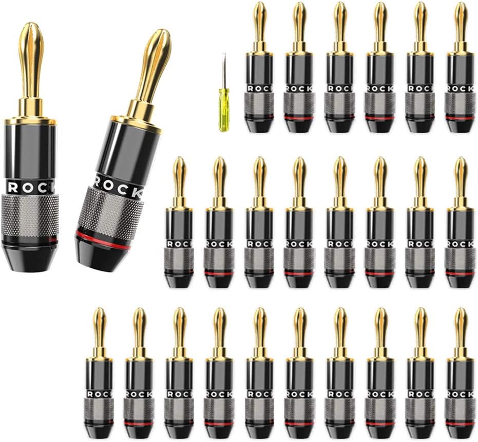 24k Gold Plated Banana Plugs - 12 Pair, Closed Screw Speaker Connectors for Speaker Wire,Home Theater,Wall Plate, AudioVideo Receiver, Amplifiers and Sound Systems