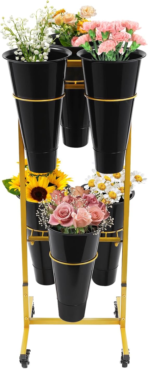 Flower Display Stand with Wheels, 2 Layers-6 Round Black Buckets