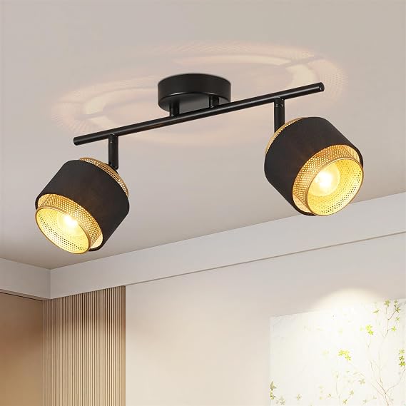 HARPER LIVING 2 Way Ceiling Spotlights, Black & Gold Spot Light Fittings, 2xE14 40W Max, 90°+350° Rotation Heads, Metal Mesh & Fabric Shade Track Lighting Ceiling for Kitchen Living Room Bedroom [Energy Class A+]