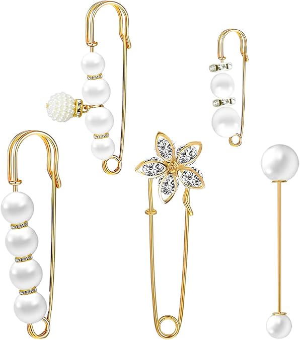 5 Pieces Pearl Brooch Safety Pins for Clothes Safety Pin for Women Fashion Sweater Shawl Collar Dresses Cardigan Clips Faux Crystal Pearl Brooches Set for Girls Jewelry Decoration Accessories (Gold)