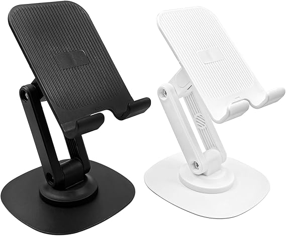 2-Pack Desk Phone Stand - Black and White, Adjustable Foldable Mobile Holders with 360 Rotating Base for All Smartphones