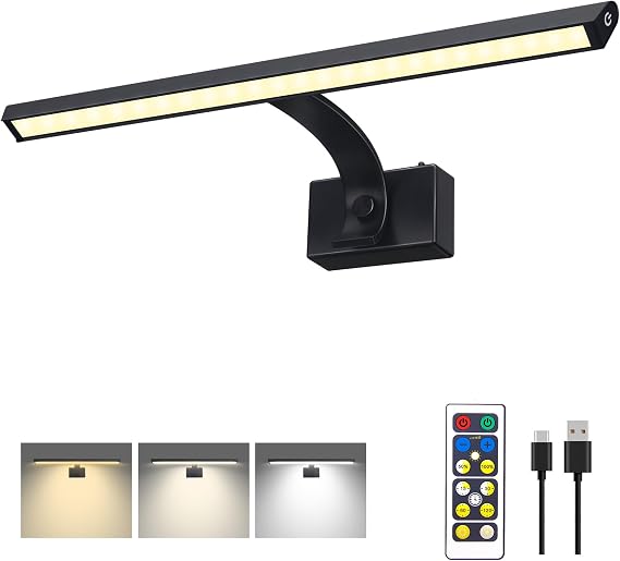 Picture Light, 16in Wireless Battery Wall Light, Art Display Light with Remote,Painting Light with Remote Dimmable and Timer for Frame, Wall Decor, Portrait,Dartboard