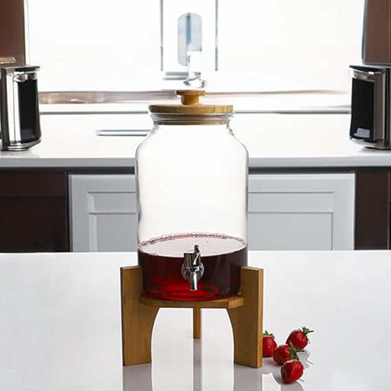 Glass Beverage Dispenser with Stand 4 L Bamboo Faucet Striped Sherbet Rope Stylish Presentation Water Dispenser with Handle
