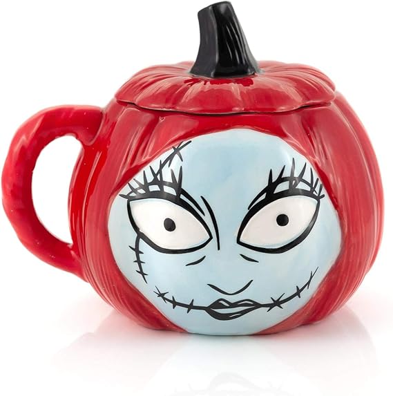 Nightmare Before Christmas Sally Pumpkin-Shaped Sculpted 26 Oz Ceramic Mug With Lid & Handle - Fun Novelty Gift Idea Inspired by Tim Burtons Creepy Stop-Motion Animated Musical Fantasy Film