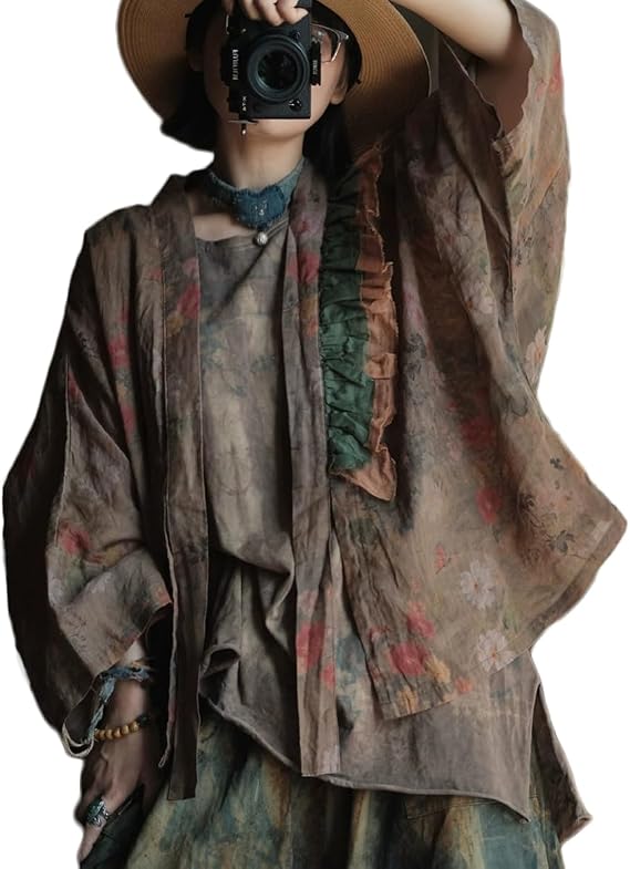 Vintage Printed Women Open Front Shirt, Shawl Collar Shirt with Ruffle Detail