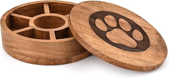Salt & pepper Shaker Pet Lovers Spice Box Black Acacia Wood Masala Container with 7 Compartments & Paw Design Decorative Storage Box (8 X 8 X 2.25)