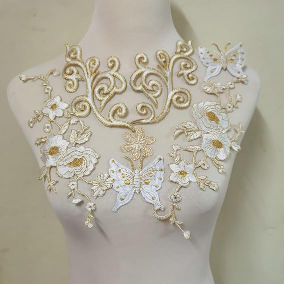 7Pcs Big Flower Iron on Embroidered Appliques Patch Embroidered Lace Fabric Ribbon Trim Neckline Collar (Beige Flower B)