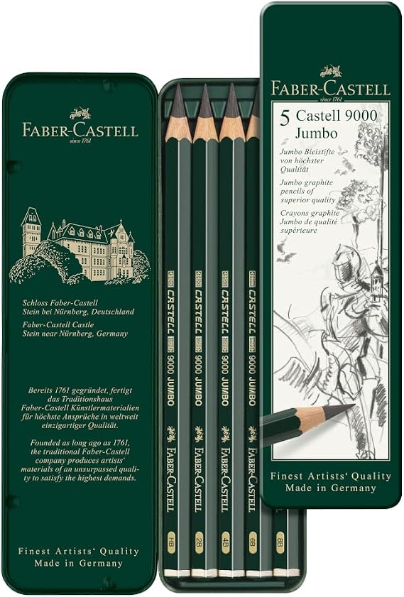 Faber-Castell 5 Piece Quality Castell 9000 Jumbo Graphite Pencils in a Tin, Including HB, 2B, 4B, 6B and 8B,Black